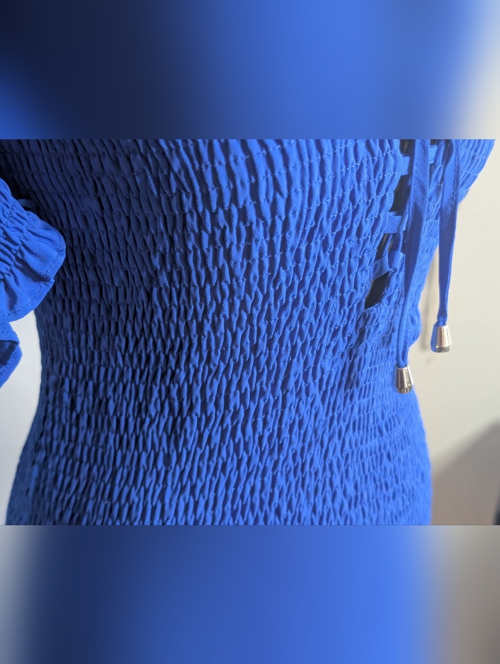 Cefian Blue Smocked Off Shoulder Mini Dress Lace Up Front Size S - Picture 7 of 9